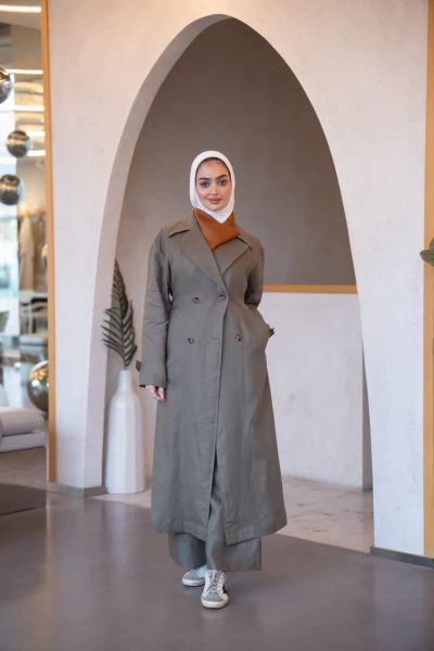 Natural linen trench coat in gray, C:J1035