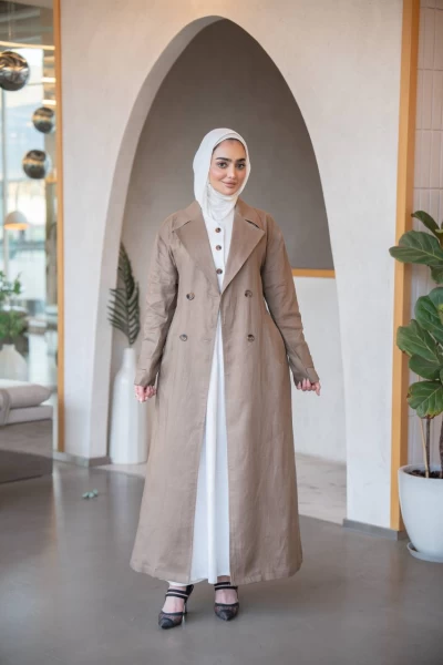 Linen set consisting of a brown trench coat and a dress C:J1035 Beige set