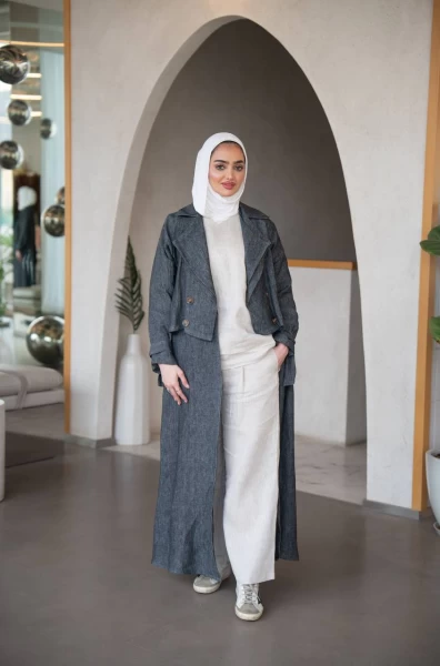 Grey Abaya with Inner Set, Linen C:J1026 Grey-Set