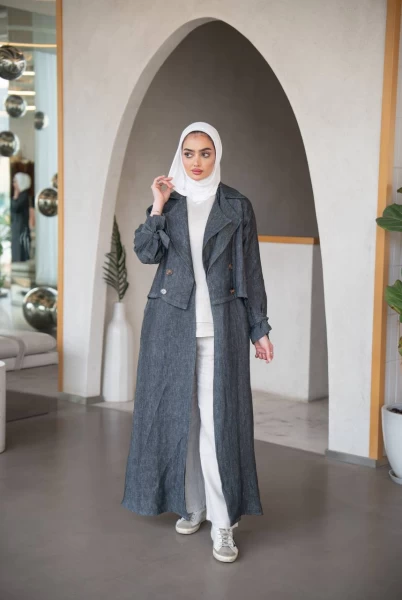 Grey natural linen blazer abaya, C:J1026 Grey