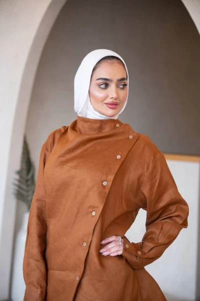 Camel shirt and gray pants set, linen C:J1036