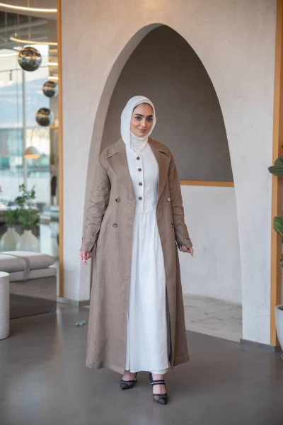 Linen set consisting of a brown trench coat and a dress C:J1035 Beige set
