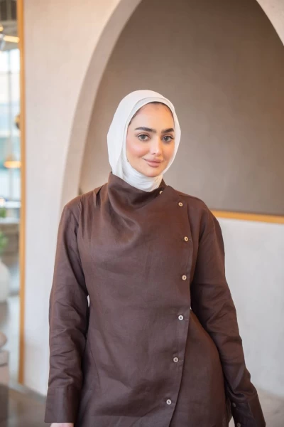 Brown shirt with pants set, made of linen C:J1036 Brown